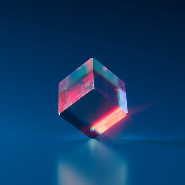 Main image of a glass 3D cube in the center with a blue background